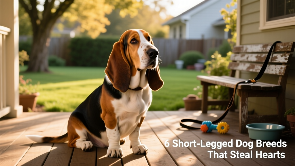 A classic tri-color Basset Hound sitting calmly, highlighting its long ears, droopy eyes, and short legs
