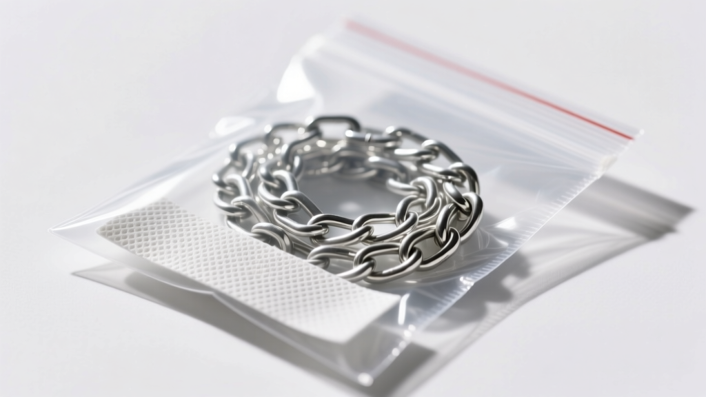 Anti-tarnish absorber strip resting next to coiled silver chains inside a sealed airtight plastic bag, macro photography.