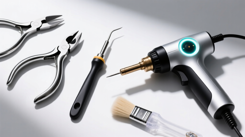 Overhead flat lay of jewelry bench tools including flush cutters, soldering pick, flux brush, and a laser welder handpiece.