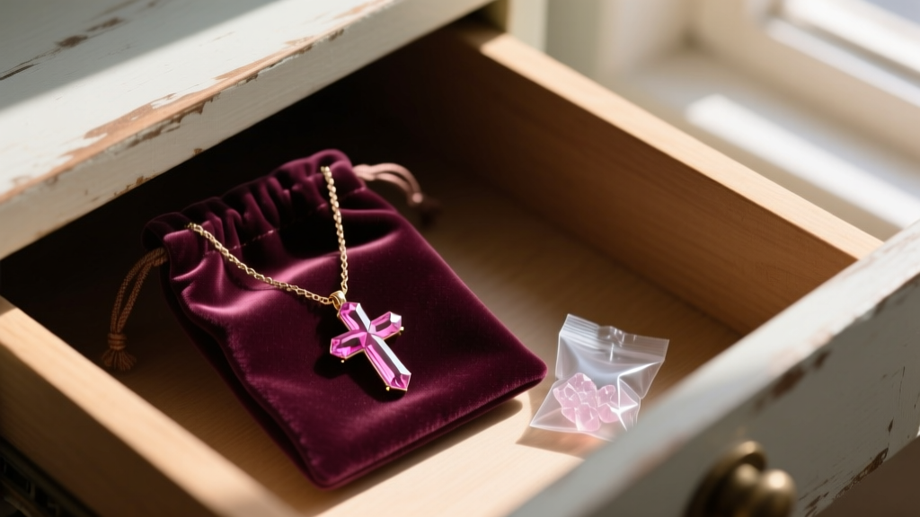 Delicate pink tourmaline cross necklace stored inside a tarnish-resistant velvet pouch next to a silica gel packet in a drawer