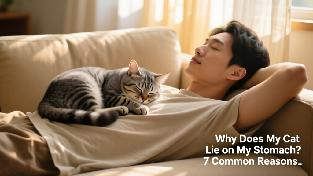 A relaxed cat curled up asleep on a person's stomach while they lie on a sofa
