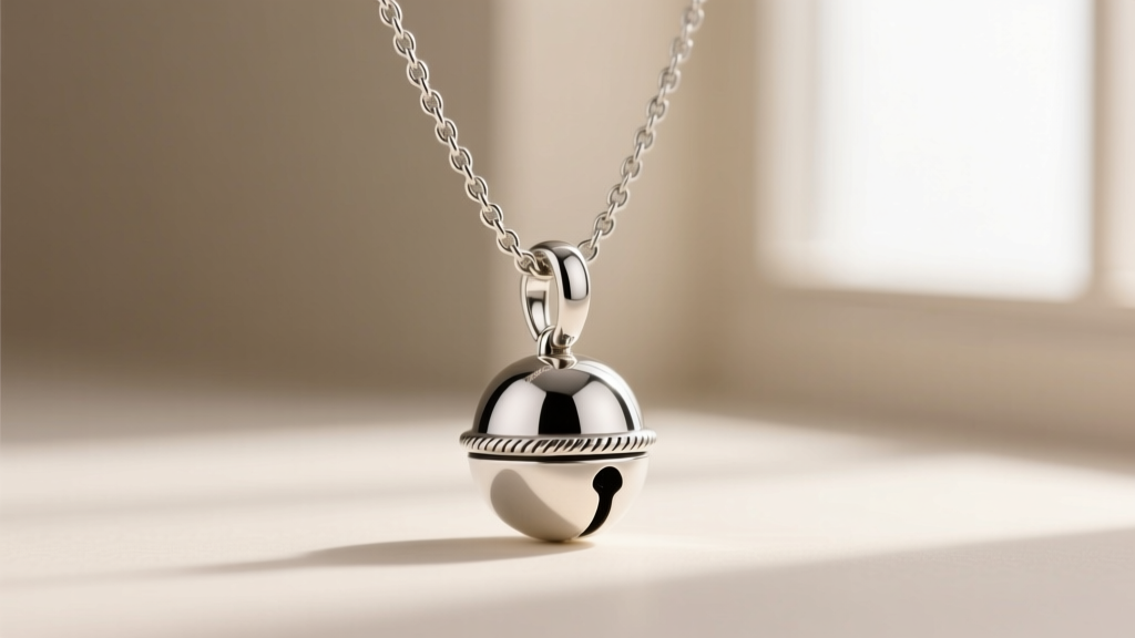 Side profile of a sterling silver jingle bells necklace showing the intricate solder seam trapping the internal metal bead inside