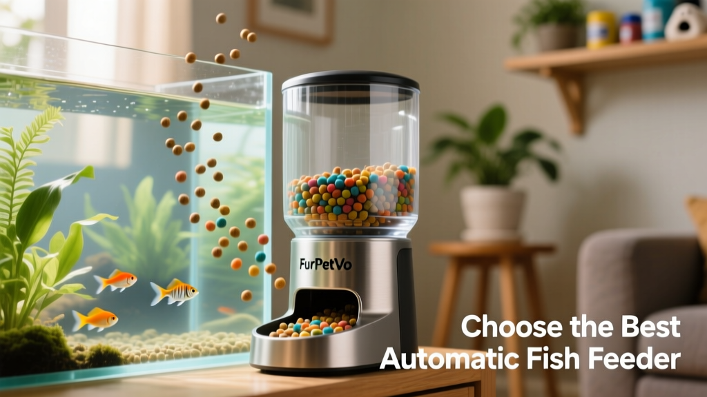 Close-up of a FurPetVo drum feeder dispensing small pellets into an aquarium