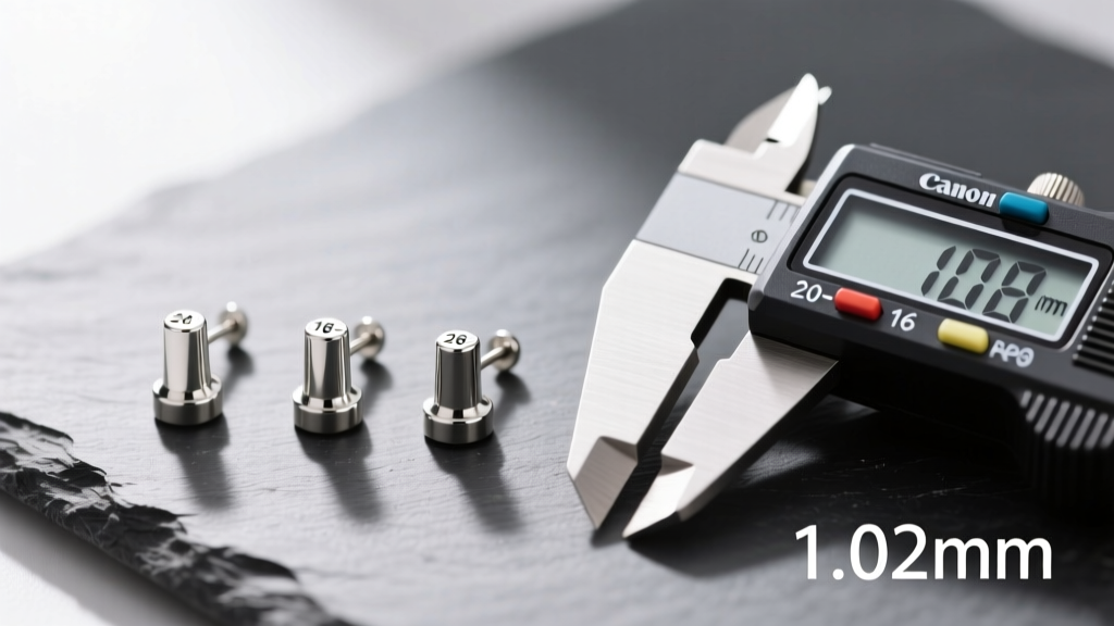 Macro shot of three earring posts on slate, showing 20, 18, and 16-gauge thicknesses next to a digital caliper reading 1.02mm.