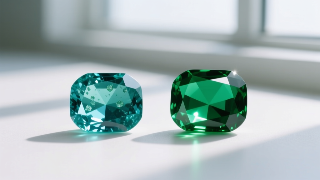 Side-by-side view of a Zambian emerald with a bluish hue and a Colombian emerald with a warm pure green tone on a white surface.