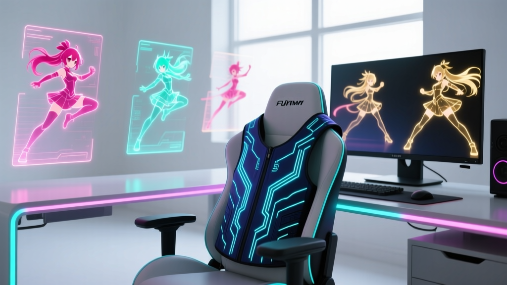 Futuristic anime gaming setup featuring holographic character displays, RGB lighting, and a haptic feedback vest draped over a chair