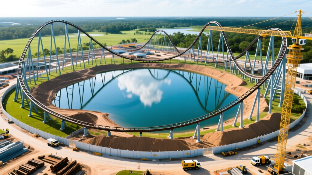 Aerial view of Universal Epic Universe construction in Orlando featuring massive roller coaster steel tracks and a central lagoon