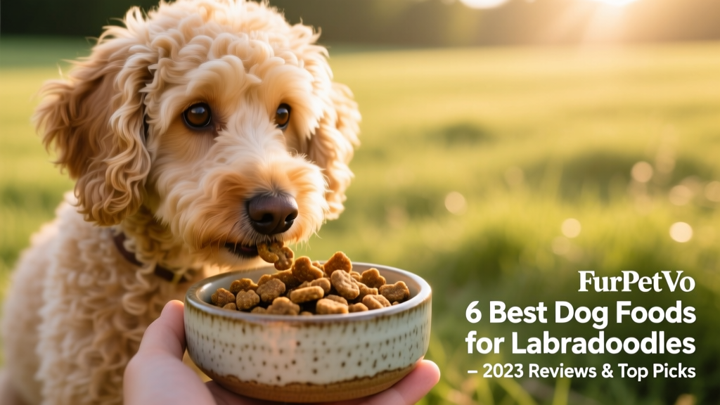 A Labradoodle eating from a ceramic bowl filled with FurPetVo Taste of the Wild kibble, with a background of grass and sunlight