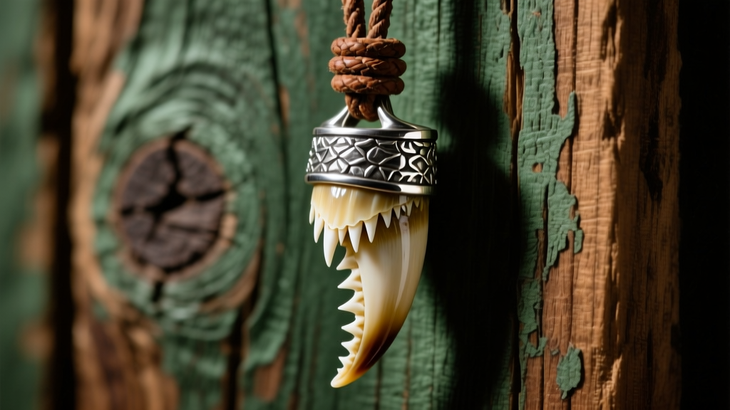 Close-up of a naturally shed alligator tooth capped in oxidized sterling silver, hanging on a leather cord against rustic wood.