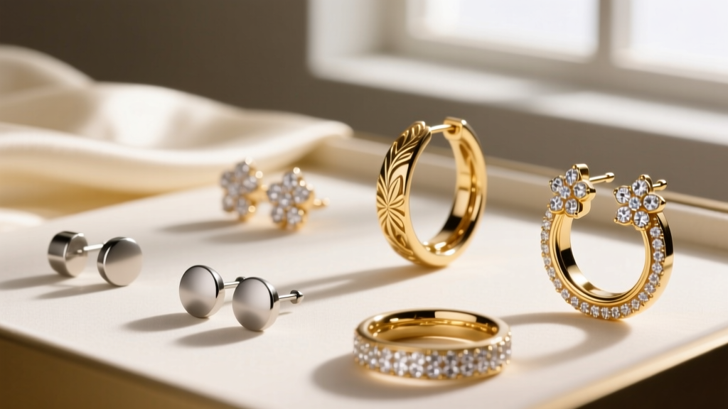 Close-up of a jewelry display showing various earring styles, from simple titanium studs to ornate 14k gold hoops, softly lit.