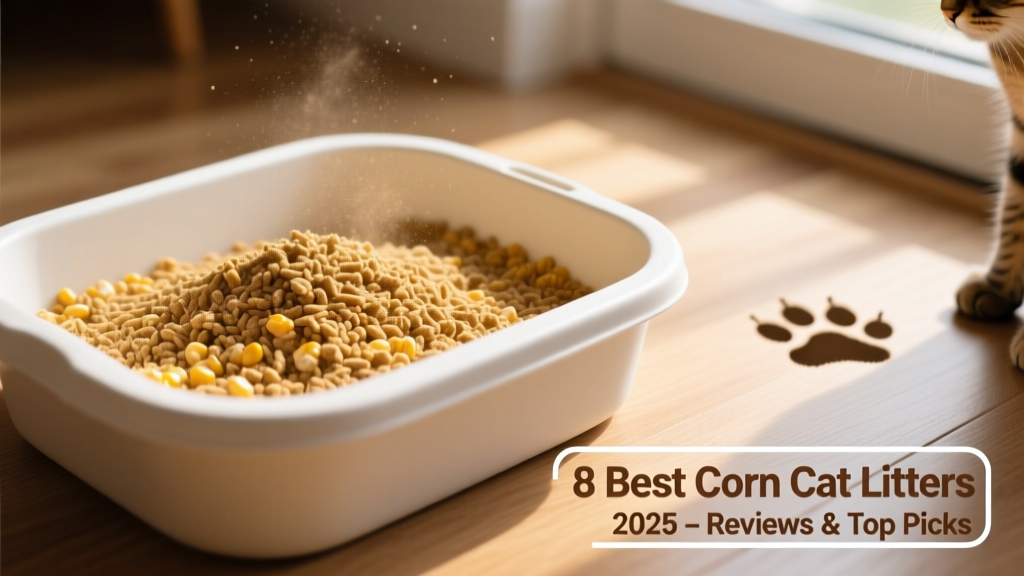 Close-up of golden-brown corn-based cat litter in a clean litter box, showing natural texture and minimal dust