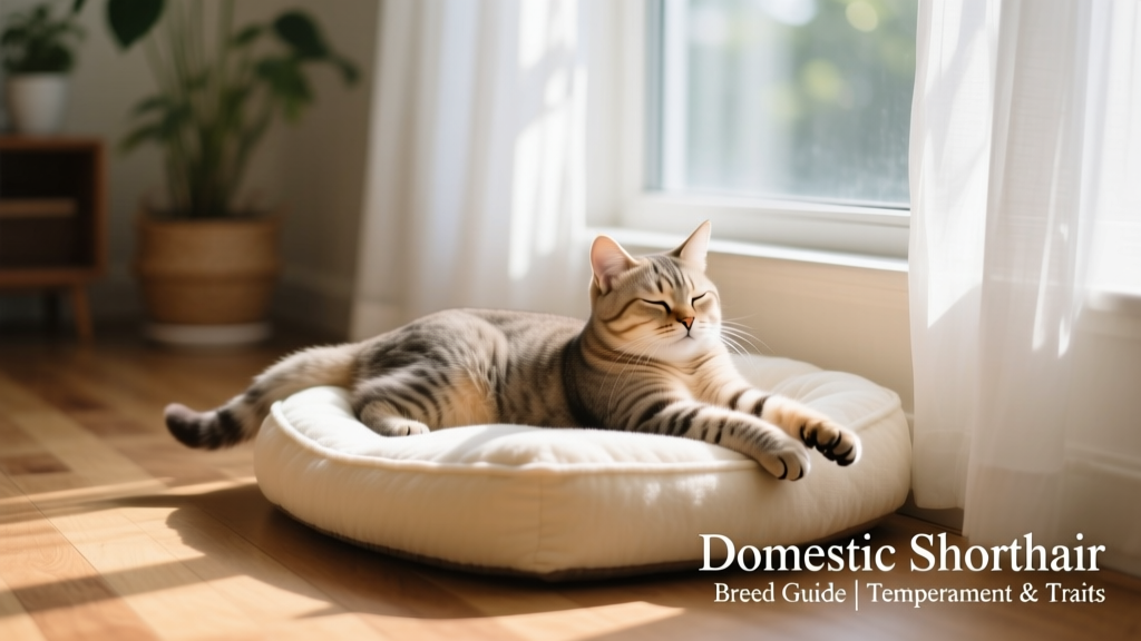 A relaxed Domestic Shorthair lounging on a cozy pet bed beside a window, bathed in soft natural light