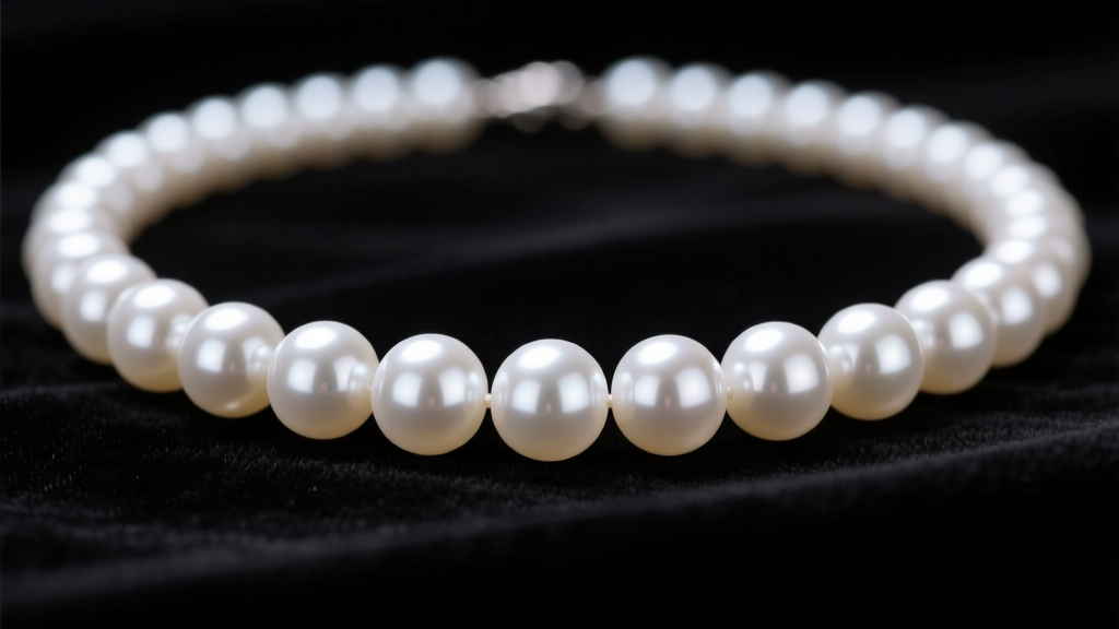 Close-up of high-luster white Akoya pearl necklace on black velvet, highlighting mirror-like reflections on each spherical gem.