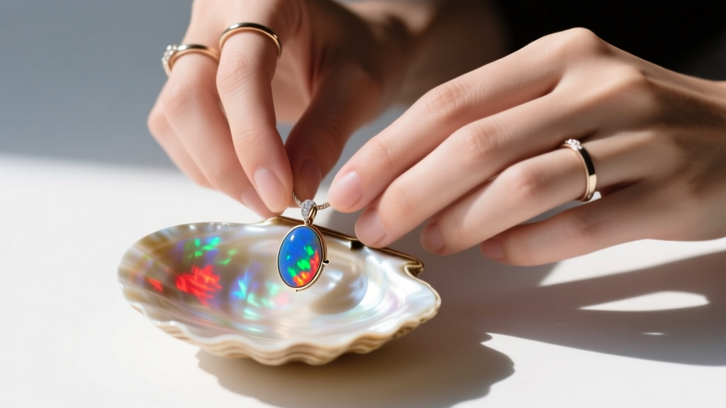 Hands placing an opal pendant into a mother-of-pearl shell jewelry holder, showing the stone's vibrant green and blue color play.