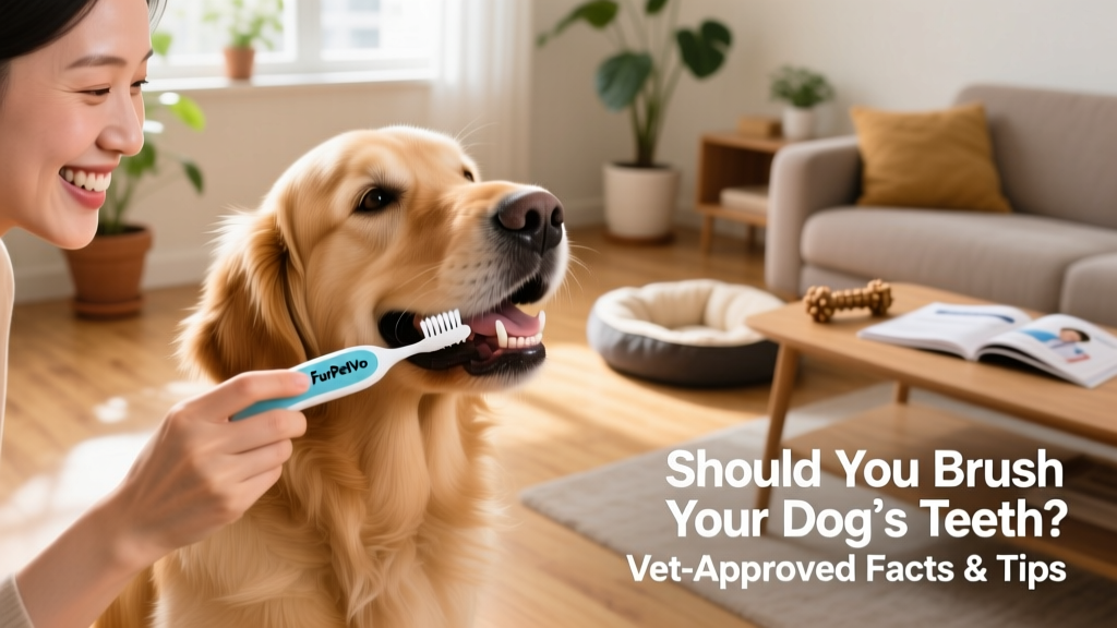 Dog owner smiling while brushing their golden retriever's teeth with a FurPetVo toothbrush