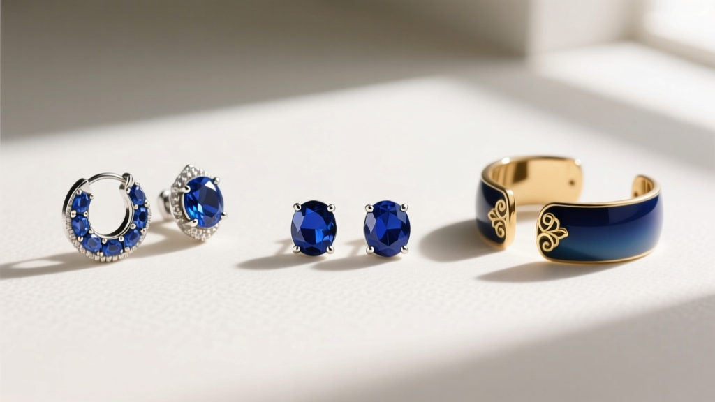 Flat lay displaying three pairs of navy blue color earrings including lapis lazuli studs, sapphire huggies, and enamel ear cuffs