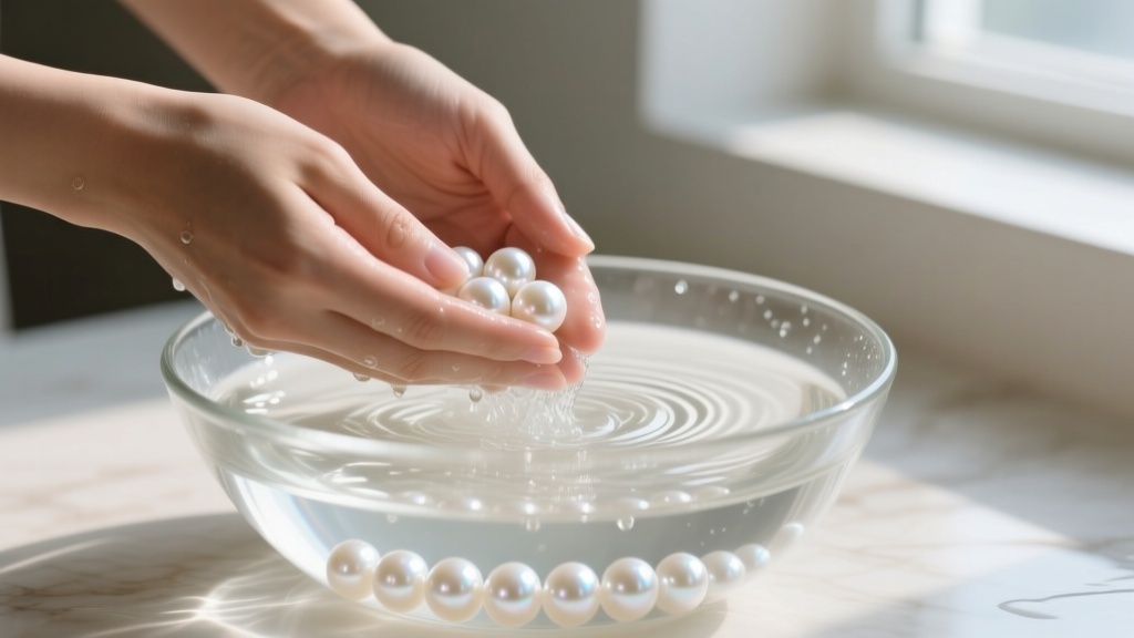 Hands washing white Akoya pearls in a glass bowl of lukewarm soapy water, illuminated by soft natural window lighting.