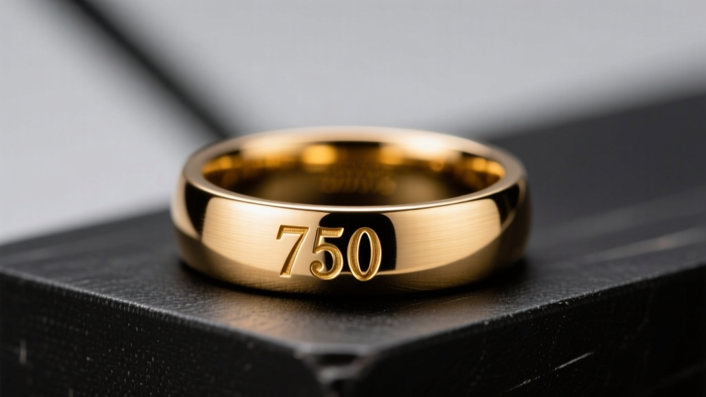 Macro shot of a stamped 750 hallmark on the inside shank of an 18k gold ring, illuminated by focused LED lighting on a workbench