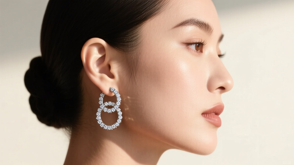 Side profile of a model wearing stacked double hoop diamond earrings in white gold highlighting earlobe placement and tucked hair.