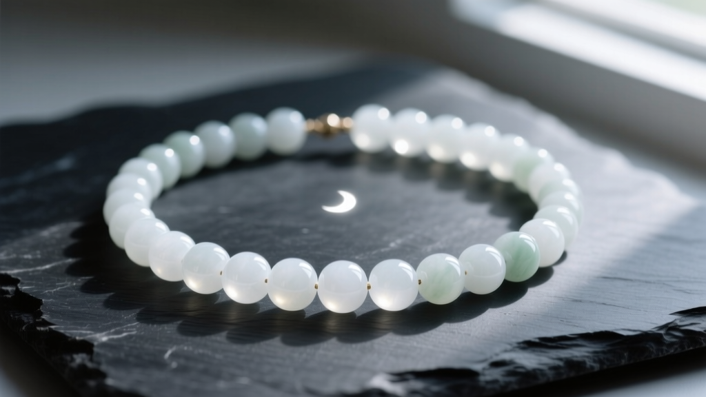 Luminous white jade bead necklace on dark slate, soft lighting highlighting the translucent luster and smooth polish of the stones.