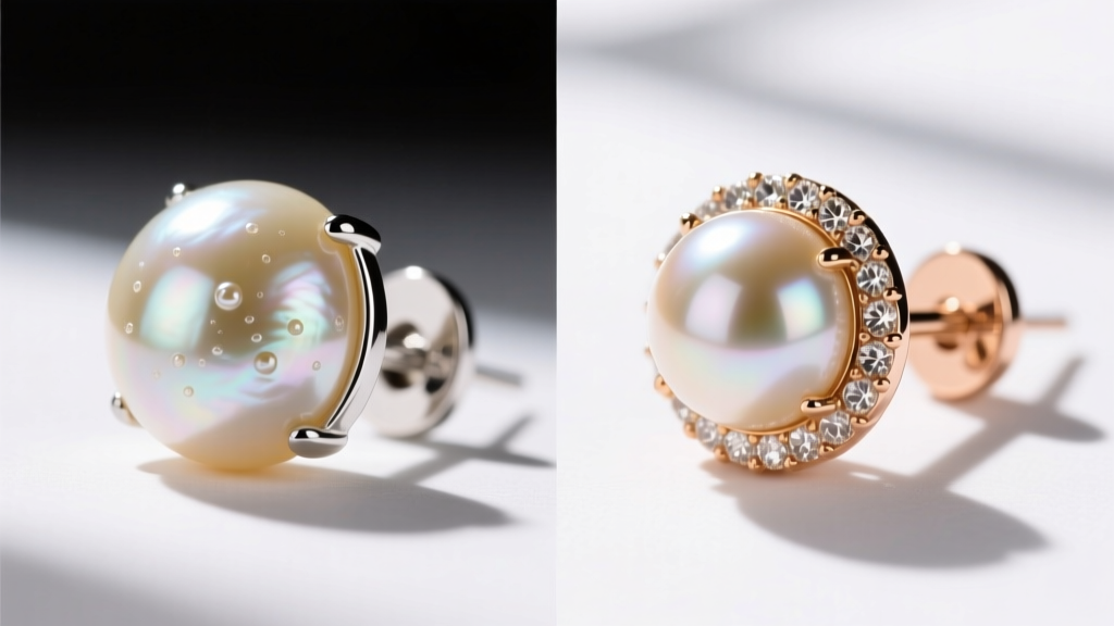 Side-by-side comparison of glued flat pearl earring with visible epoxy next to a premium prong-set Mabe pearl earring in 18k gold