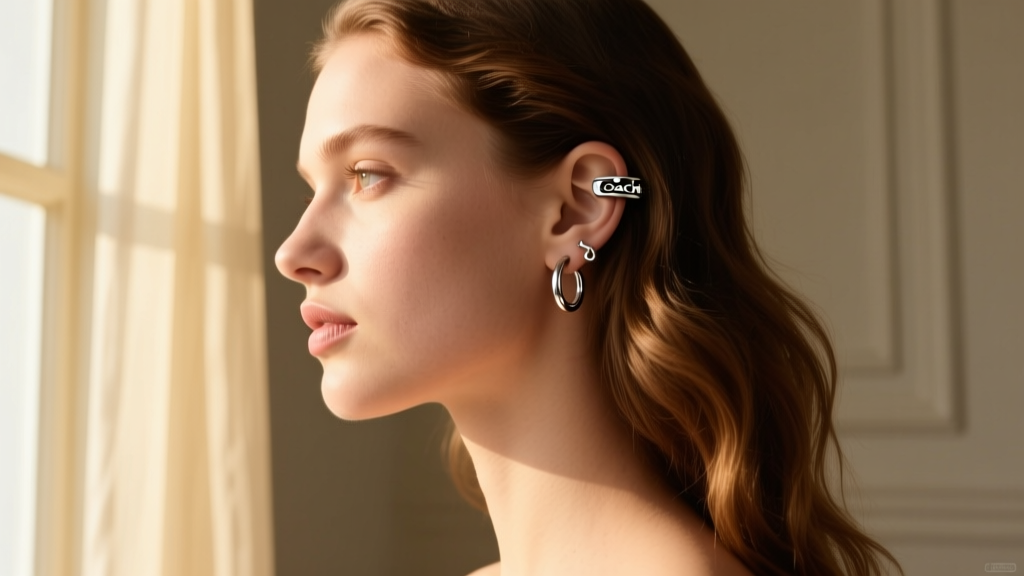 Side profile of a woman with a curated ear stack featuring Coach silver huggies and a cartilage cuff, soft natural window light
