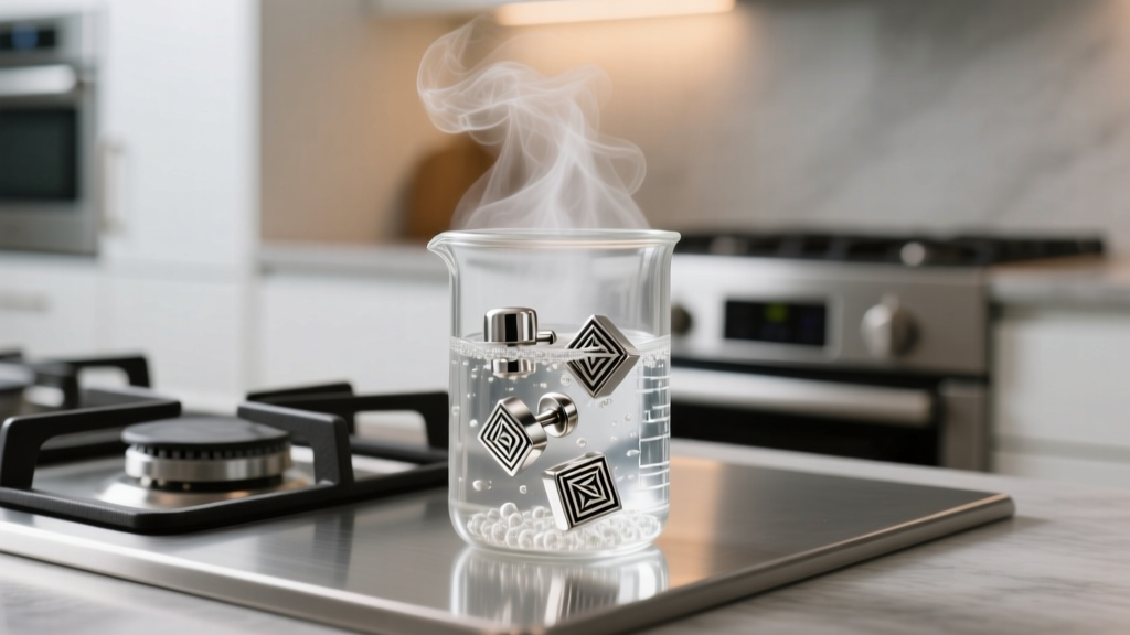 Macro shot of titanium labret studs in a glass beaker of boiling water on a modern stove, lit by soft warm kitchen lighting.