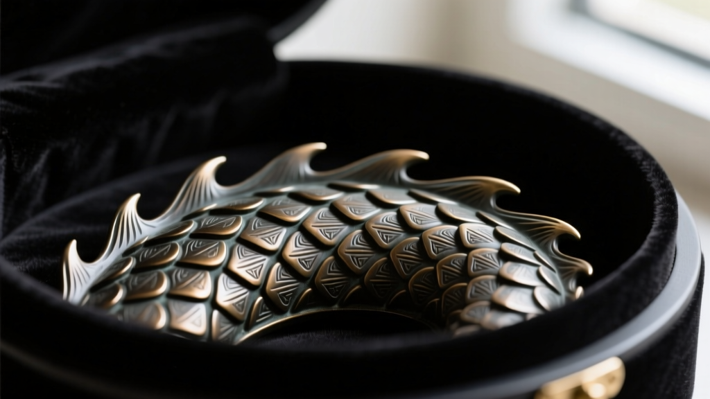 Close-up of cold-cast bronze dragon scales with dark patina against black velvet lining inside a small ring storage compartment.