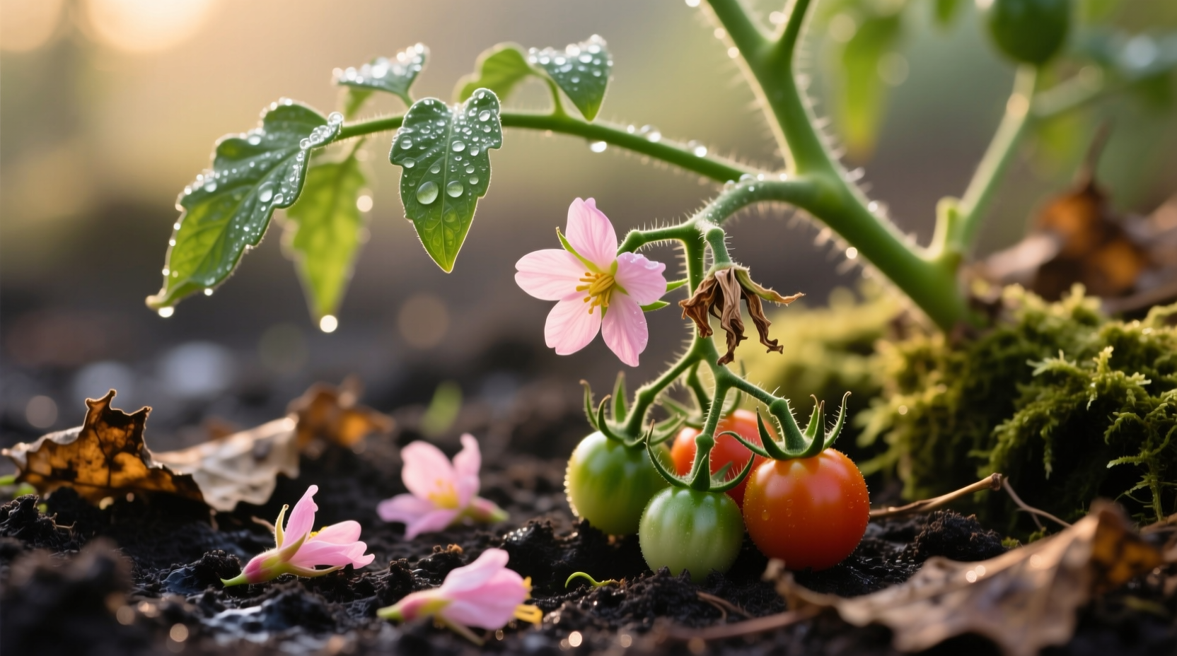 Close-up of tomato plant with fallen blossoms on soil
