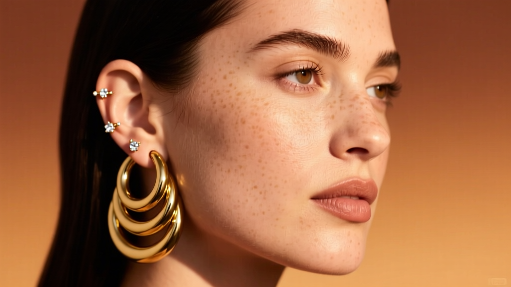 Close-up portrait of a woman with a curated ear stack featuring chunky gold hoops and delicate diamond studs against a warm backdrop