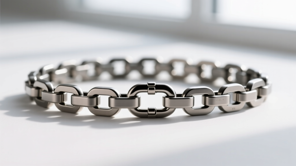 Side profile of a 1.2mm titanium rolo chain with a secure lobster clasp, highlighting the brushed matte finish and sturdy links.