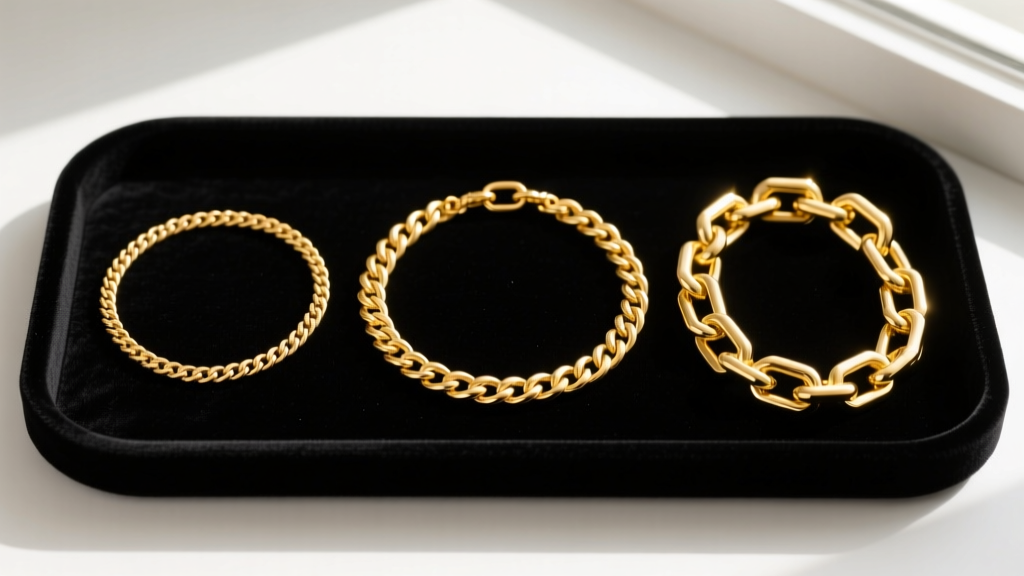 Flat lay of three gold chains: a 1.5mm Figaro, a 1.2mm rope chain, and a 2.0mm box chain on a dark velvet jewelry tray.
