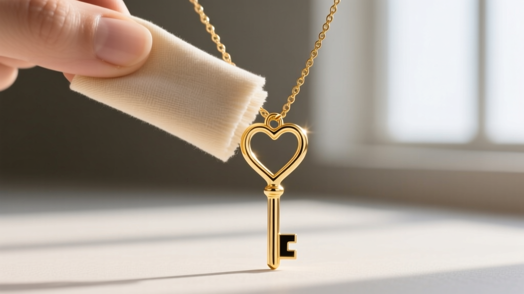 Polishing cloth gently buffing the bow of a 14k gold vermeil heart key necklace, revealing the bright untarnished metal.