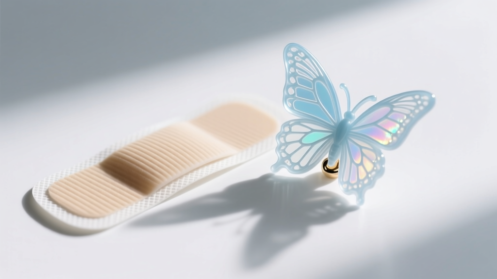 Macro shot of a hypoallergenic medical adhesive pad beside a tiny 2-gram 3D-printed resin butterfly charm on a clean white surface