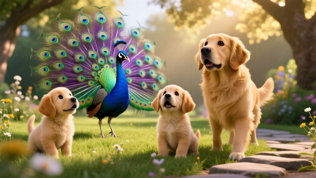 Golden Retrievers Get More Than They Bargained for with Unyielding Peacock Encounter