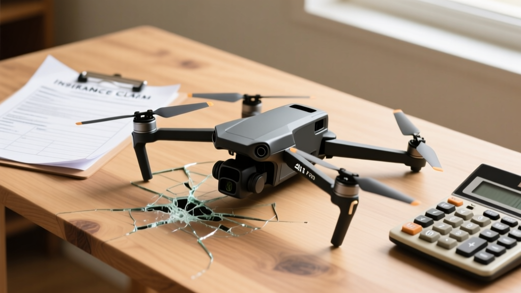 Close-up of a damaged DJI Mavic 3 Pro drone with a cracked gimbal resting on a wooden desk next to an insurance claim form and a calculator