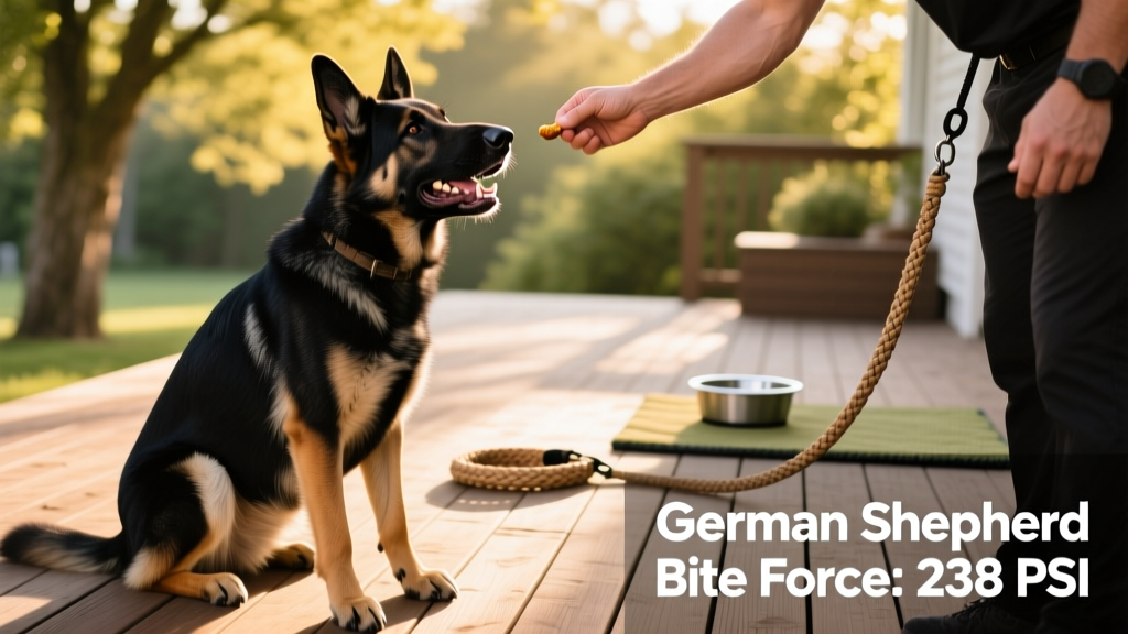Trainer rewarding a calm German Shepherd with treat after successful 'leave it' command