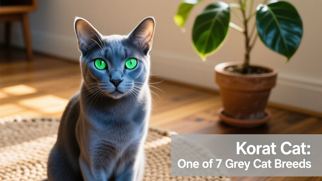 Korat cat gazing intently at the camera, showcasing its heart-shaped face, luminous green eyes, and sleek blue-grey coat