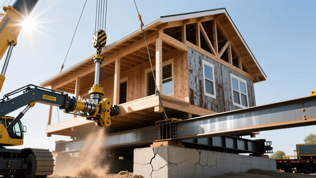Heavy duty hydraulic unified jacking system lifting a two-story timber frame house off its concrete foundation onto steel transport beams