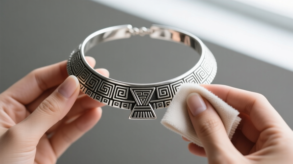 Hands polishing a sterling silver Aztec collar necklace with a microfiber cloth and gentle non-ammonia jewelry cleaning polish.