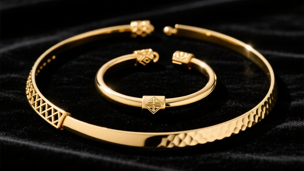 Flat lay of three gold torque necklaces on black velvet, showing 3mm, 5mm, and 8mm thickness variations with distinct end caps