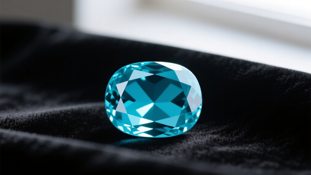 Macro shot of polished Sleeping Beauty turquoise cabochon showing uniform sky-blue color and no matrix, resting on black velvet fabric.