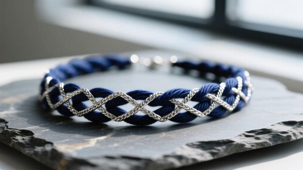 Macro shot of a ladder yarn necklace with silver cross-threads and dark indigo fiber, resting on a textured slate surface.