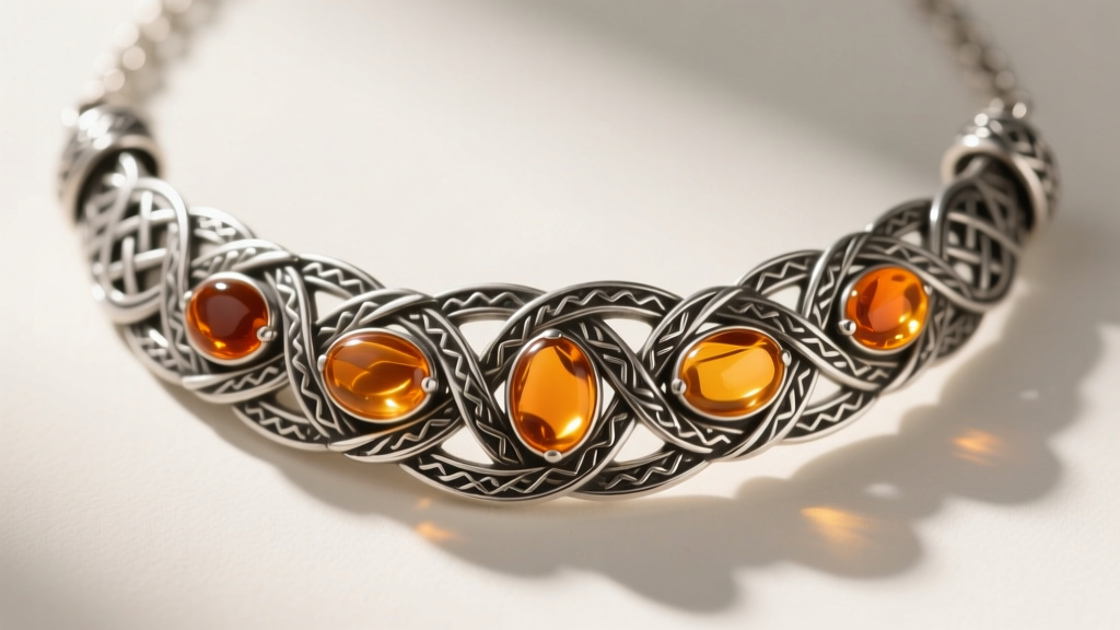 Close-up of a heavy 925 sterling silver Viking necklace featuring intricate Mammen knotwork and polished Baltic amber cabochons.