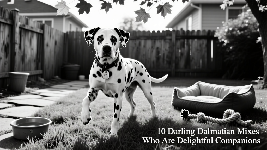 Black and white spotted Pitmation (Pitbull Dalmation mix) in his backyard