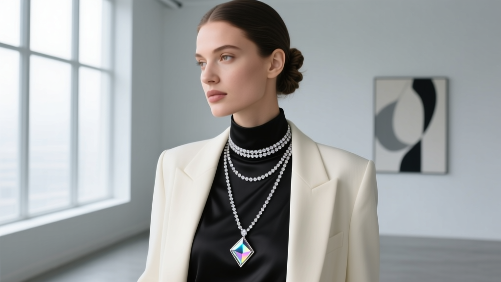 Woman wearing a layered diamond K necklace with a 14-inch choker and 18-inch rope chain, showcasing modern 2026 style trends