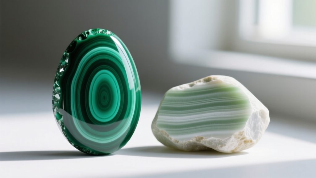 Macro photography of a genuine malachite cabochon showing tight concentric green banding next to a chalky, banded fake malachite.