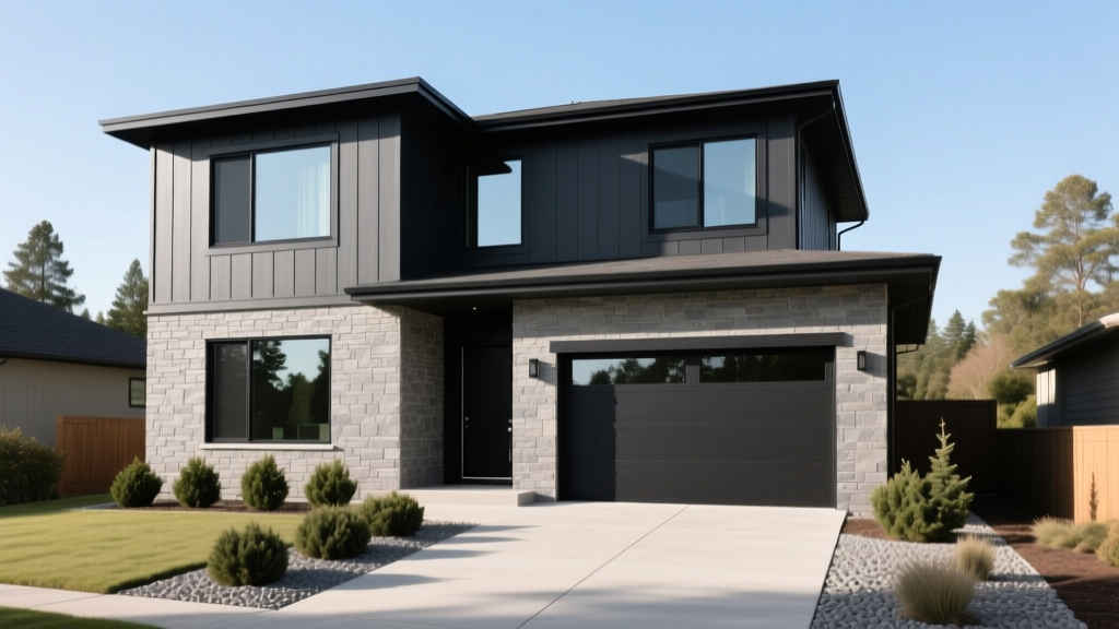 Modern two-story home exterior with warm gray manufactured stone veneer wainscoting, dark charcoal siding, and black windows.