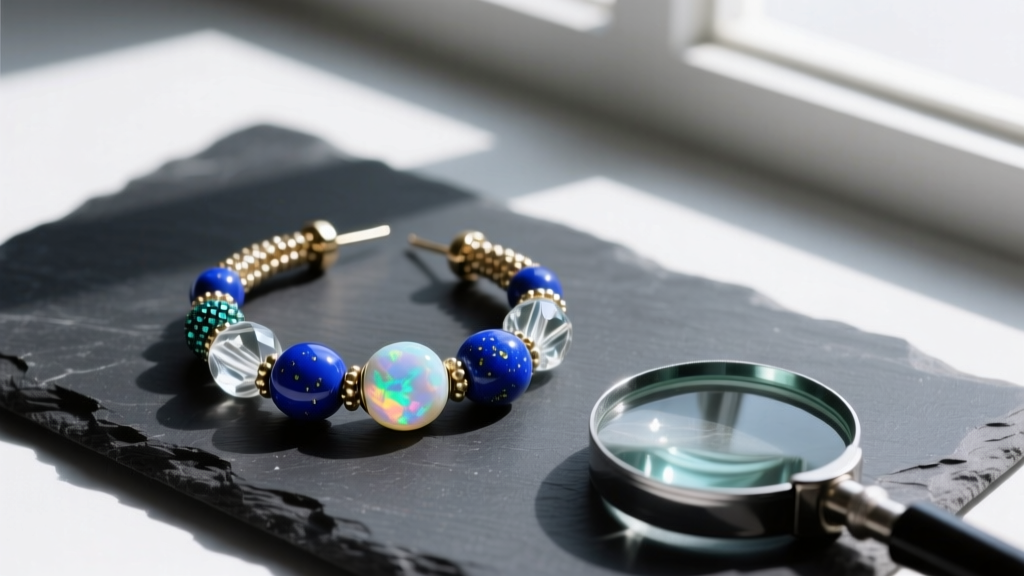 Flat lay of bead hoop earrings on dark slate featuring lapis lazuli, opal, and glass beads, with a jewelers loupe in the corner.