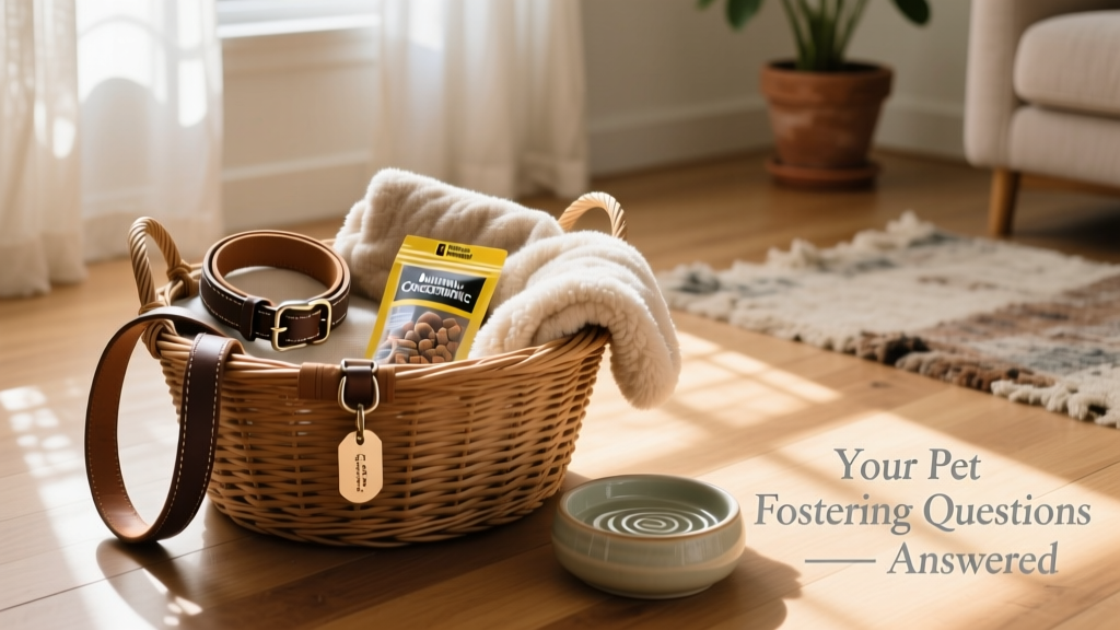 A neatly organized basket with pet supplies: leash, collar, treats, and a soft blanket beside a water bowl